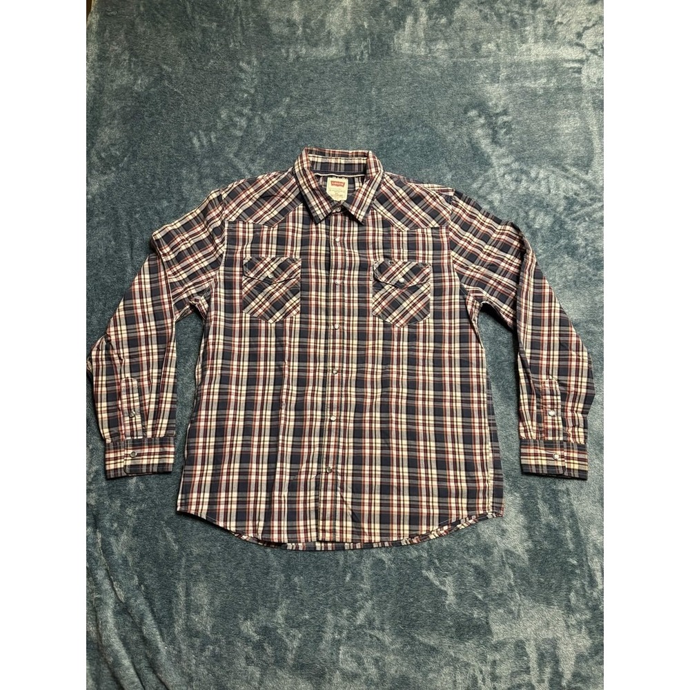 Levi's Western Pearl Snap Shirt Mens XL Blue Red White Plaid Modern Fit SKU 3852